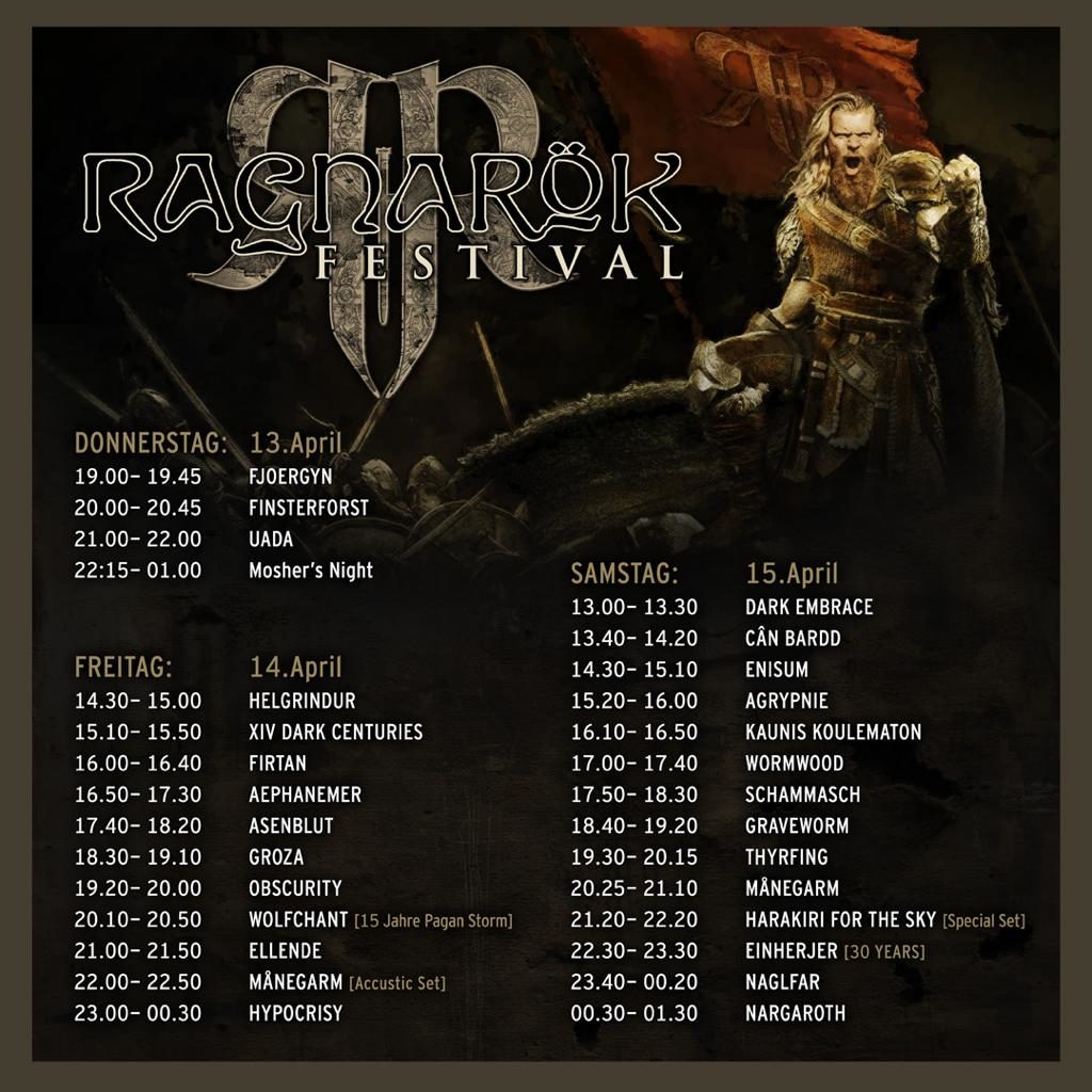 Spielzeiten der Bands auf dem Ragnarök Festival 2023